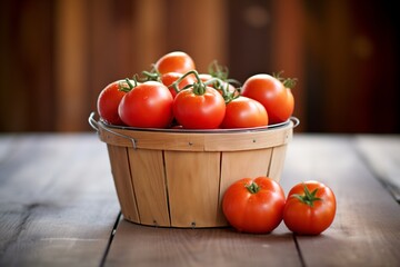 a bushel of ripe, red tomatoes against a wooden background