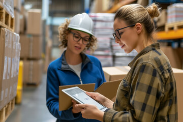 Female Inventory Manager Shows Digital Tablet Information to a Worker Holding Cardboard Box They Talk and Do Work In the Background Stock of Parcels with Products Ready for Shipment