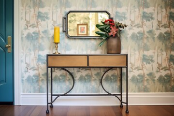 wrought-iron console table against a forest-themed wallpapered hallway