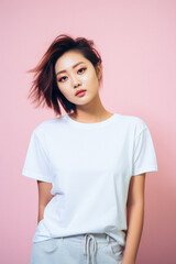 Fototapeta premium Young pretty Asian woman model wearing tshirt looking at camera standing on color background. Face skin care korean cosmetic and makeup, fashion ads. Beauty portrait. White t-shirt mock up template .