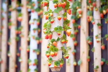 vertical column of hanging strawberry plants