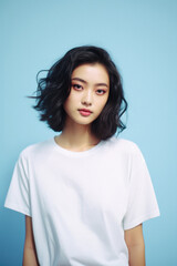 Obraz premium Young pretty Asian woman model wearing tshirt looking at camera standing on color background. Face skin care korean cosmetic and makeup, fashion ads. Beauty portrait. White t-shirt mock up template .