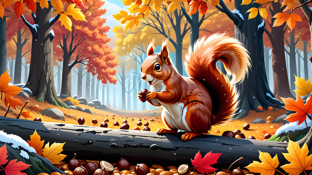 beautiful cute squirrel collecting nuts in colorful autumn landscape fall forest background