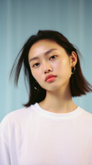 Fototapeta premium Young pretty Asian woman model wearing tshirt looking at camera standing on color background. Face skin care korean cosmetic and makeup, fashion ads. Beauty portrait. White t-shirt mock up template .