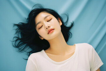 Young adult healthy beautiful Asian woman model wearing white t-shirt on background. Face flawless perfect fresh skin care korean cosmetic treatment makeup products skincare ads. Beauty portrait .