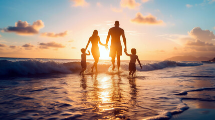 Fototapeta premium family at the beach golden sunset, happiness of summer vacation and quality time spent between parents and children