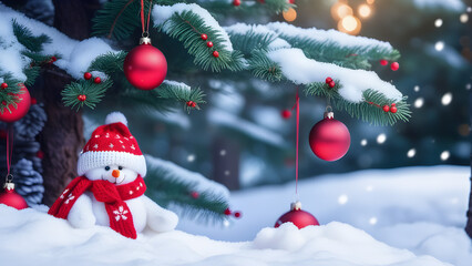 Fototapeta na wymiar beautiful festive christmas snowy background christmas tree decorated with red balls