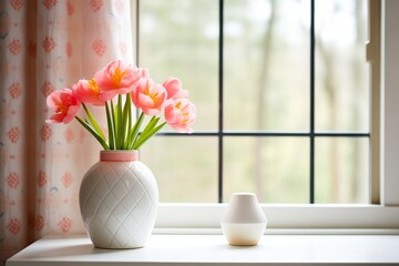 white ceramic vase filled with pink tulips on a windowsill