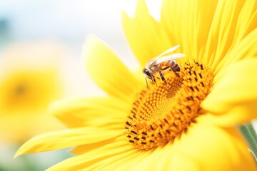 a bee collecting nectar from a sunflower - obrazy, fototapety, plakaty