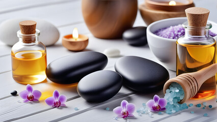 Fototapeta na wymiar beauty treatment items for spa procedures on white wooden table massage stones essential oils