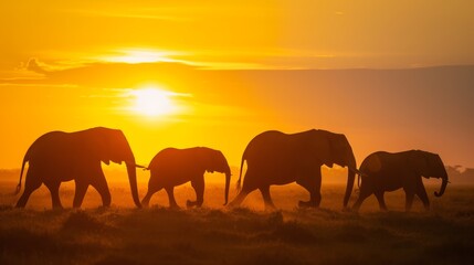 Fototapeta na wymiar Majestic Sunset Walk of Elephants AI Generated.