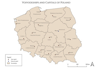 Map of states and capitals of Poland - mapped in an antique and rustic style