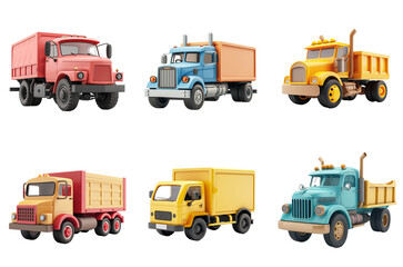 Collection of 3d animated trucks of all kinds on transparent background png.