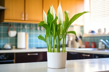 a peace lily plant with large white flowers on a kitchen counter