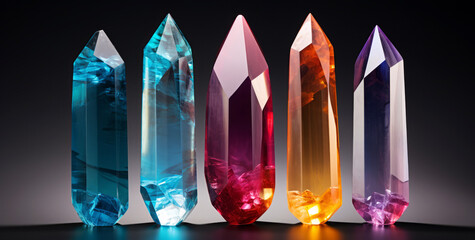 Colorful crystal gemstones lined up against a dark background