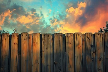 a wooden fence with clouds in the sky