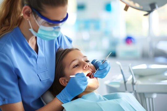 Female dentist at work. Paediatric Dentist, dental care for children concept. 