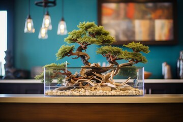 indoor bonsai tree near an aquarium fish tank