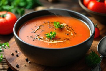Tomato Shorba A steaming bowl of creamy tomato soup garnis