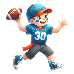 Watercolor cute boy american football player throwing a ball. American Football competition. American Football element clipart.
