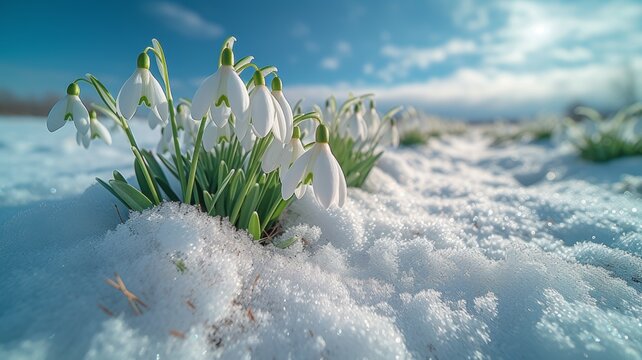 White fresh snowdrops bloom through snow