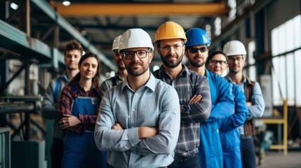 Group of various national engineer professional successful team corporate workers standing in factory. teamwork technician inspector manufacturing industry workplace.