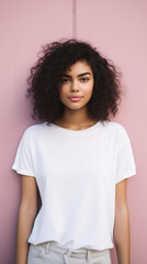 Fototapeta premium Young happy smiling Latin woman model wearing tshirt standing on color background. Face skin treatment, curly hair care cosmetics makeup, fashion ads. Beauty portrait. White t-shirt mock up template .