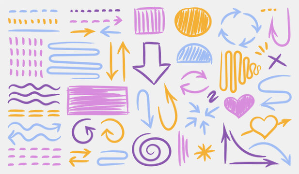 Highlight grunge brush lines, shapes, elements. Big set of hand drawn isolated vector objects on white background. Multicolored doodle strokes. Acid highlighters marker stripes, underlines for any use