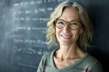 a woman smiling in front of a chalkboard