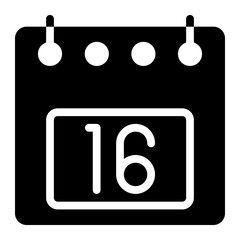 Calendar icon, date 16 design solid style vector illustration. Flat design style, black color. can be used for website, app mobile and software interfaces