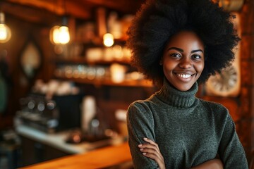 a woman with curly hair smiling - obrazy, fototapety, plakaty