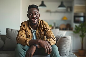 a man sitting on a couch smiling - obrazy, fototapety, plakaty