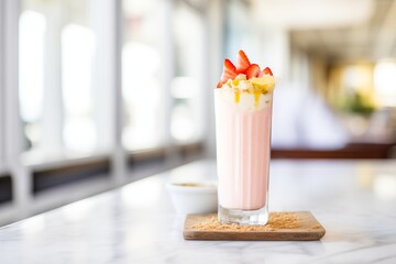 pink strawberry banana shake in a tall glass