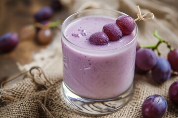 a glass of purple liquid with grapes on top