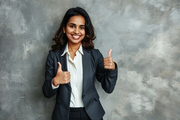 a woman in a suit giving thumbs up