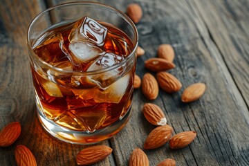 a glass of ice and ice cubes next to almonds