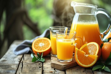 a glass of orange juice and oranges on a wooden surface - obrazy, fototapety, plakaty