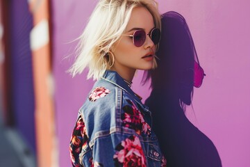 a woman wearing sunglasses and a denim jacket