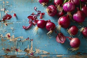 a group of red onions on a blue table