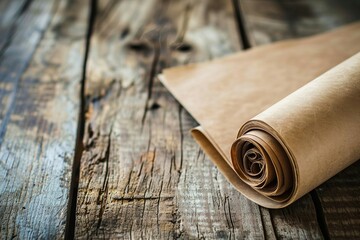 a brown paper rolled up on a wood surface - obrazy, fototapety, plakaty