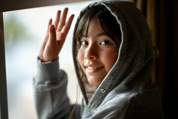 a girl in a hoodie waving