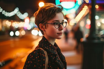 a woman in glasses looking away from the camera