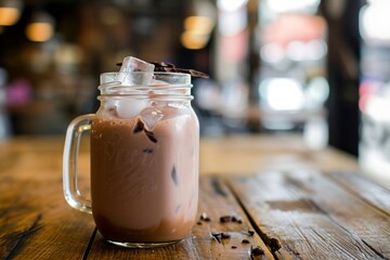 a glass mug filled with chocolate milk and ice