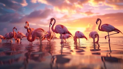 Fotobehang Silhouette of Flamingos in Sunset Reflection AI Generated © Demo