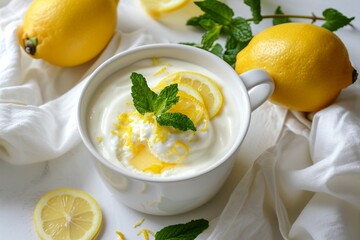 a cup of yogurt with lemons and mint