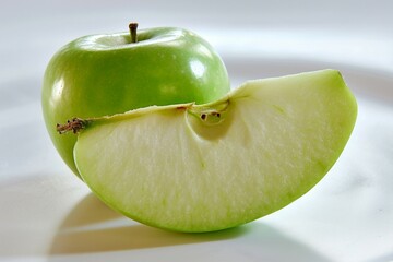 a green apple and a slice of apple
