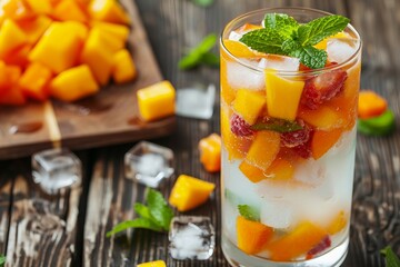 a glass of fruit and ice with mint leaves