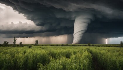 Tornado disaster - environment landscaped image. Nature power concept. Climate change. Weather illustration. Adventure travel conceptual photography style. Dramatic cloudscape. Cinematics light.