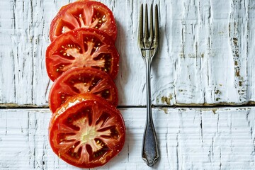 a tomato slices next to a fork