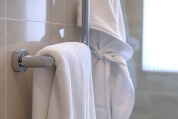 towel rail with bathrobe in a hotel bathroom - obrazy, fototapety, plakaty
